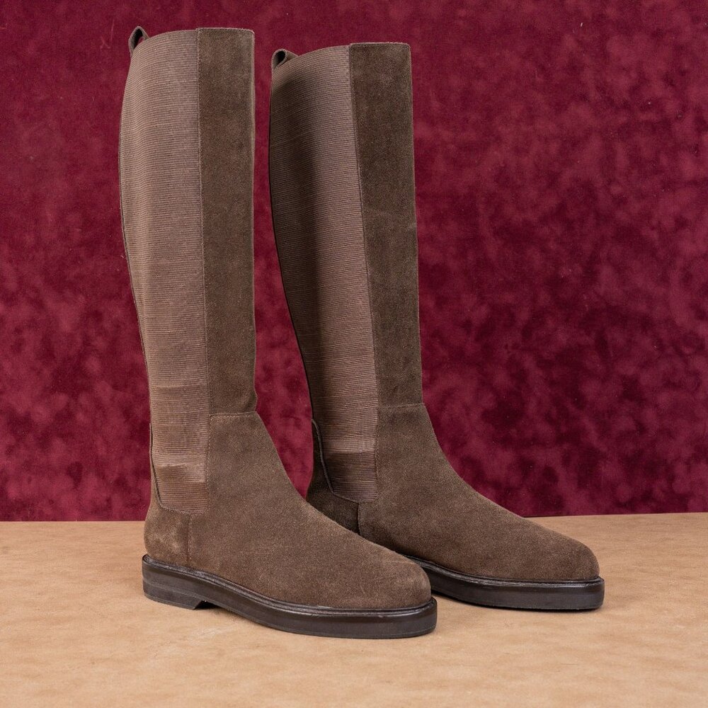 Donald J Pliner Wmn Naala Stretch Calf Brown Suede Slip Comfy Knee Boots sz 6.5